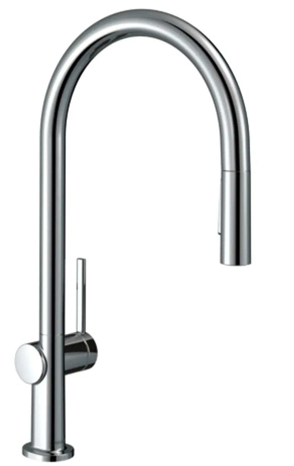 Chromfarbener Spültischmischer von Hansgrohe mit hohem, geschwungenem Auslauf und einer Ausziehbrause, die zwei Strahlarten bietet. Lever für die Temperatur- und Mengenregulierung seitlich.